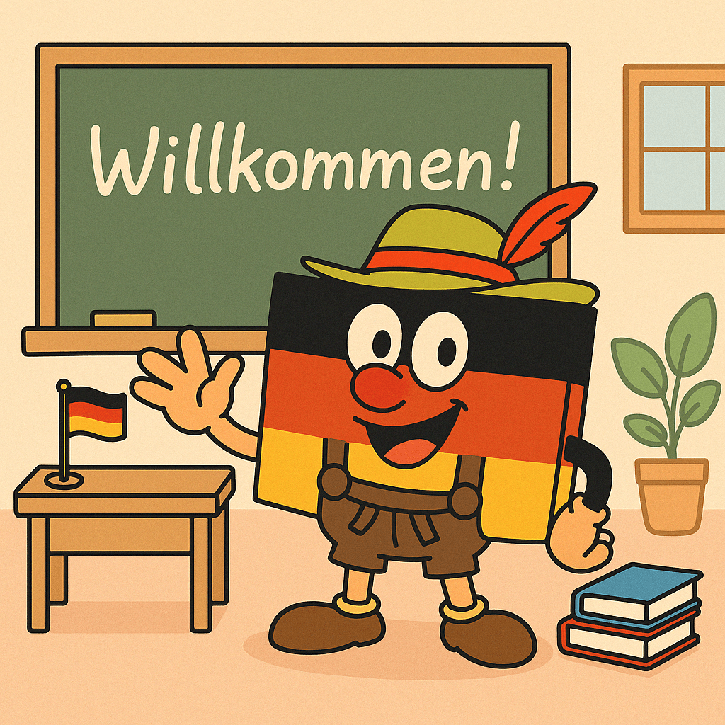 東京のドイツ語教室のマスコットDoitsu-kunが「Willkommen」と挨拶する教室イラスト